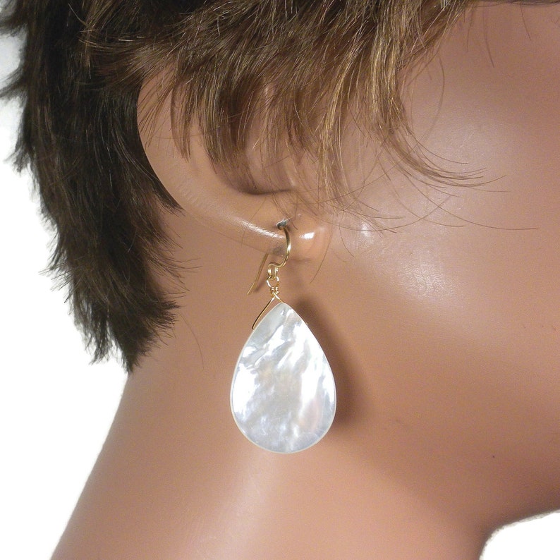 Mother of Pearl Earrings, White Earrings, White Dangle Earrings, White Drop Earrings, White Shell Earrings, MOP Earrings, Gold image 8