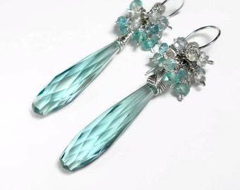 Aquamarine Earrings Silver, Blue Drop Earrings,  Blue Cluster Earrings, Aquamarine Quartz Earrings, Sterling Silver