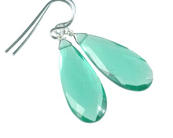 Emerald Green Earrings, Green Quartz Earrings, Green Drop Dangle Earrings, Briolette Earrings, Sterling Silver Gemstone Earrings