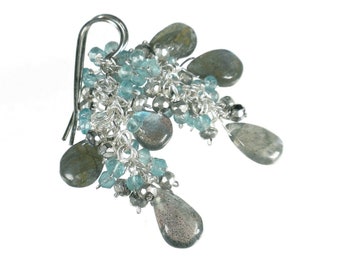 Labradorite, Pyrite, Apatite Earrings, Sterling Silver Dangle Earrings, Gemstone Cluster Earrings, Cascade Earrings, Waterfall Earrings