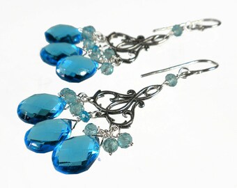 Blue Gemstone Chandelier Earrings, Apatite and Quartz Earrings, Statement Blue Dangle Earrings, Swiss Blue Earrings, Sterling Silver