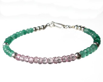 Pink and Green Stacking Bracelet, Pink Topaz Green Onyx Bracelet, Gemstone Stacking Bracelet, Gemstone Beaded Bracelet, Sterling Silver