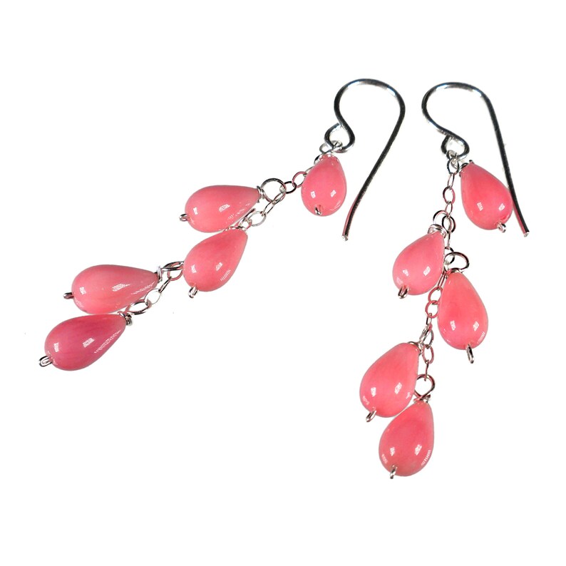 Pink Dangle Drop Earrings Pink Coral Earrings Sterling Silver Cascade Earrings Waterfall Earrings Long Casual Earrings