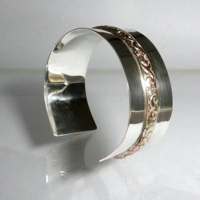 Wide Sterling Silver Cuff Bracelet, Large Cuff Bracelet, Silver and Gold Cuff Bracelet, Mixed Metal Bracelet, Designer Bracelet image 4
