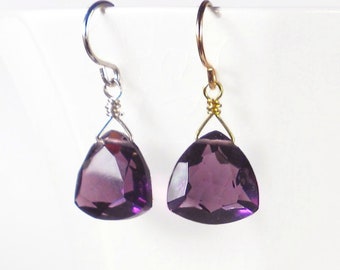 Amethyst Drop Earrings, Purple Quartz Earrings, Trillion, Gold Filled or Sterling Silver Purple Quartz Jewelry