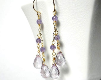 Purple Amethyst Earrings Gold, Long Amethyst Drop Earrings, Amethyst Briolette Earrings, Purple Earrings