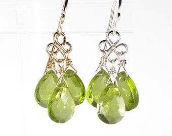 Peridot Quartz Earrings, Peridot Chandelier Earrings, Green Gemstone Earrings, Green Earrings, Gold Filled or Sterling Silver