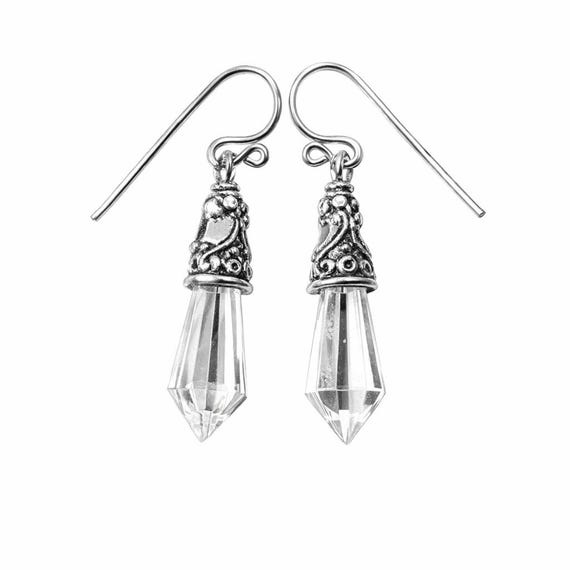 Clear Crystal Earrings Dangle, Clear Crystal Drop Earrings, Sterling Silver and Pewter