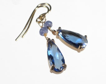 Small Blue Dangle Drop Earrings, Sapphire Blue Earrings Gold, Tanzanite Earrings, Dainty Blue Earrings, Briolette Earrings