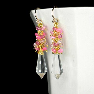 Ethiopian Opal Gemstone Earrings, Pink Opal and Crystal Dangle Earrings, Prism Cluster Earrings, Easter Earrings, Gold Filled