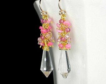 Ethiopian Opal Gemstone Earrings, Pink Opal and Crystal Dangle Earrings, Prism Cluster Earrings, Easter Earrings, Gold Filled