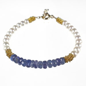 Tanzanite and Pearl Bracelet, Blue Gemstone Bracelet, Blue Bracelet, Stacking Bracelet, Gold