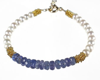 Tanzanite and Pearl Bracelet, Blue Gemstone Bracelet, Blue Bracelet, Stacking Bracelet, Gold