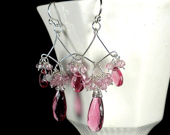 Pink Chandelier Statement Earrings, Pink Topaz Moonstone and Quartz Gemstone Earrings, Sterling Silver, Gift for Women