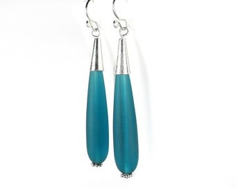 Mediterranean Blue Earrings, Long Teardrop Earrings Silver, Dangle Drop Earrings, Modern Glass Earrings, Gift for Her, Birthday Gift Women