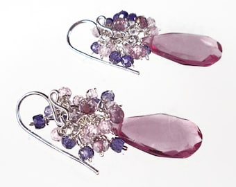 Pink Gemstone Cluster Earrings, Pink and Purple Earrings, Zircon, Quartz and Tourmaline Earrings, Sterling Silver