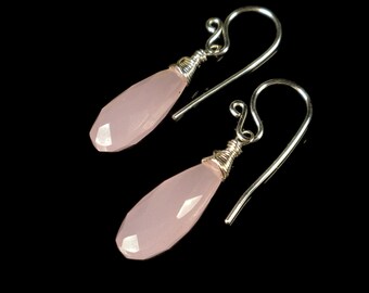 Light Pink Quartz Earrings, Pink Drop Dangle Earrings, Simple Pink Briolette Earrings, Sterling Silver, Wire Wrapped, Light Weight Earrings