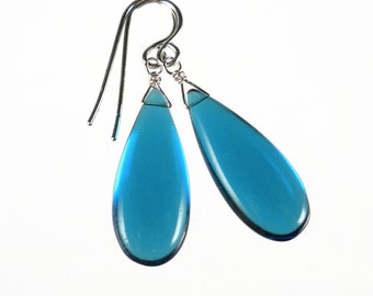 Bright Apatite Blue Earrings, Blue Quartz Earrings, Large Blue Drop Earrings, Minimalist Earrings, Teardrop Earrings, Sterling Silver