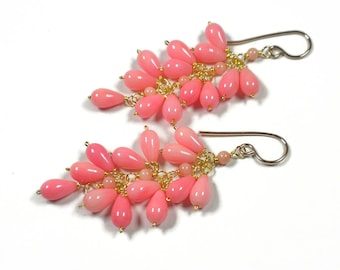 Pink Coral Cluster Earrings, Pink Cascade Earrings, Pink Waterfall Earrings,Coral Tassel Earrings, Pink Statement Earrings Gold Filled