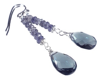 Sapphire Blue Earrings, Iolite and Blue Quartz Dangle Earrings, Long Gemstone Dangle Drop Earrings, Sterling Silver