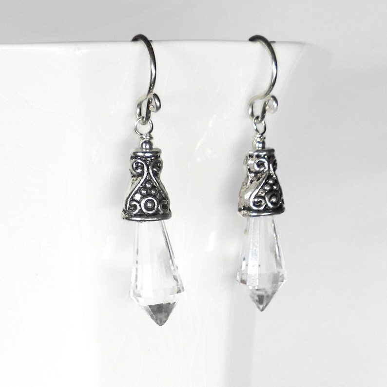 Pendientes colgantes de cristal transparente, pendientes colgantes de cristal transparente, plata de ley y peltre imagen 6