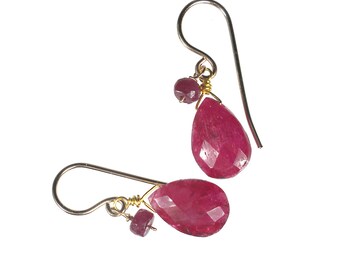 Genuine Ruby Earrings, Ruby Drop Earrings, Small Red Earrings, Ruby Dangle Earrings, Valentine's Day Gift, Gold Filled