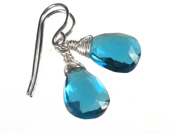 Blue Earrings Silver, Blue Drop Earrings, Blue Quartz Earrings, Blue Briolette Earrings, Swiss Blue, Wire Wrapped, Sterling Silver or Gold