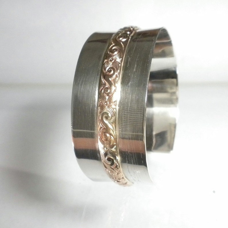 Wide Sterling Silver Cuff Bracelet, Large Cuff Bracelet, Silver and Gold Cuff Bracelet, Mixed Metal Bracelet, Designer Bracelet image 3