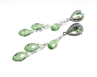 Peridot Earrings, Long Green Crystal Earrings, Lime Green Earrings, Dangle Drop Earrings, Stud Post Earrings, Peridot Jewelry