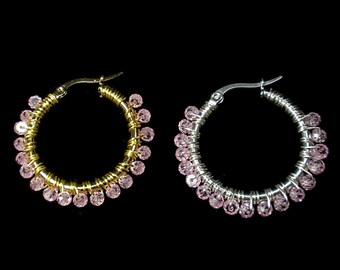 Pink Hoop Earrings Gold or Silver, Pink Stone Earrings, Pink Cubic Zirconia Earrings, Pink Cz Earrings, Wire Wrapped