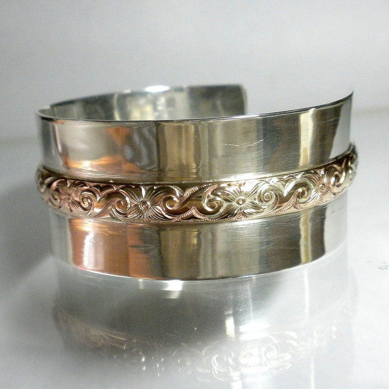 Wide Sterling Silver Cuff Bracelet, Large Cuff Bracelet, Silver and Gold Cuff Bracelet, Mixed Metal Bracelet, Designer Bracelet image 2