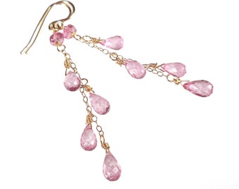 Long Pink Topaz Cascade Earrings, Pink Gemstone Earrings, Waterfall Earrings, Pink Earrings, Gift for Her, Birthday Gift, Anniversary Gift