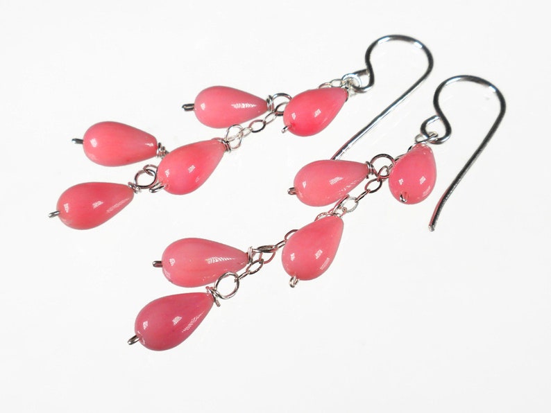 Pink Dangle Drop Earrings Pink Coral Earrings Sterling Silver Cascade Earrings Waterfall Earrings Long Casual Earrings