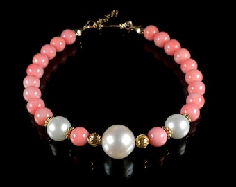 Adjustable Pink Coral Bracelet with Pearls, Dainty Pink Bracelet Gold Filled, Beaded Easter Bracelet, Angel Skin Coral Bracelet