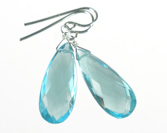 Aquamarine Drop Earrings, Pastel Blue Quartz Earrings, Aqua Blue Earrings, Pale Blue Dangle Earrings, Sterling Silver Blue Teardrop Earrings