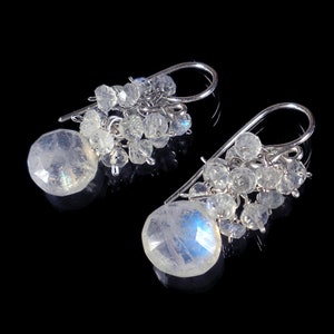 Dainty Rainbow Moonstone Earrings, Moonstone Cluster Earrings, Moonstone Dangle Drop Earrings, Moonstone Briolette Earrings, Sterling Silver