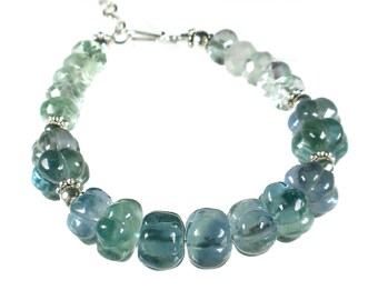 Sterling Silver Fluorite Beaded Bracelet, Seafoam Green Gemstone Bracelet, Blue Green Bracelet, Adjustable Bracelet, Carved Stone Bracelet