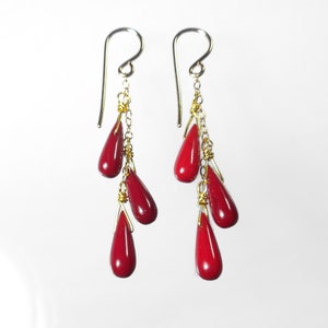 Red Coral Earrings Gold, Red Coral Dangle Earrings, Coral Cluster Earrings, Cascade Earrings