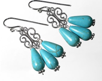 Turquoise Earrings Dangle, Turquoise Chandelier Earrings Silver, Turquoise Drop Earrings Sterling Silver