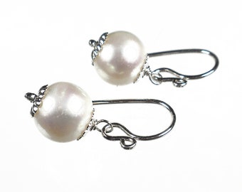 Simple Classic Drop Pearl Earrings, Large Pearl Drop Earrings, White Pearl Dangle Earrings, Dainty Pearl Earrings, Sterling Silver