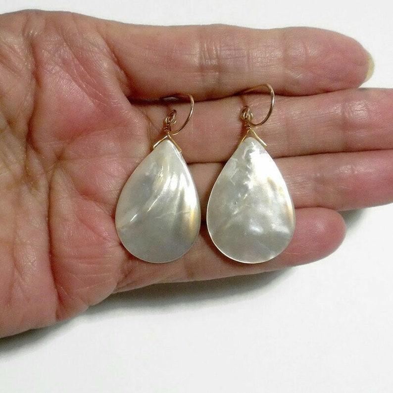 Mother of Pearl Earrings, White Earrings, White Dangle Earrings, White Drop Earrings, White Shell Earrings, MOP Earrings, Gold image 5