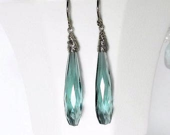 Aquamarine Earrings Silver, Aqua Drop Earrings, Blue Quartz Earrings, Long Aquamarine Earrings, Sterling Silver, Wire Wrapped