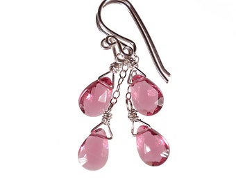 Pink Earrings Dangle, Pink Drop Earrings, Dainty Pink Earrings, Pink Quartz Gemstone Teardrop Earrings, Sterling Silver