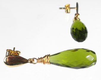 Olive Green Drop Earrings, Peridot Earrings Gold, Green Earrings Dangle, Stud Post Earrings, Green Gemstone Earrings, Gift For Her