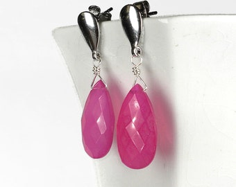 Hot Pink Chalcedony Dangle Drop Earrings, Simple Pink Gemstone Earrings, Stud Post Earrings, Bright Pink Earrings, Silver