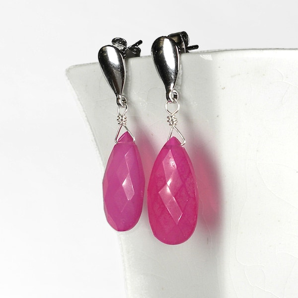 Hot Pink Chalcedony Dangle Drop Earrings, Simple Pink Gemstone Earrings, Stud Post Earrings, Bright Pink Earrings, Silver