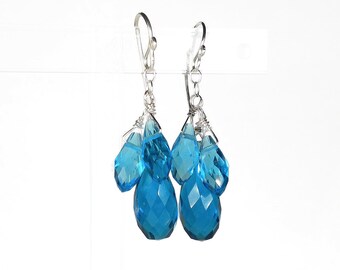 Blue Cascade Earrings, Birthday Anniversary Gift For Her, Sterling Silver, Statement Earrings, Dark and Light Blue Quartz Jewelry Handmade