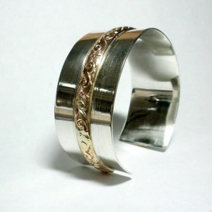Wide Sterling Silver Cuff Bracelet, Large Cuff Bracelet, Silver and Gold Cuff Bracelet, Mixed Metal Bracelet, Designer Bracelet image 1