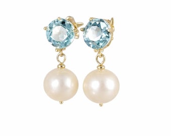 Real Pearl Earrings With Aquamarine Stud Post Ear Wires, South Sea Pearl Earrings, Blue And White Earrings, Wedding Bridal Earrings Art Deco