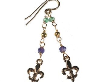 Long Mardi Gras Earrings, Green Gold Purple Earrings, Fleur De Lis Earrings, Parade Earrings, Dangle Drop Earrings, Dainty Earrings, Gift